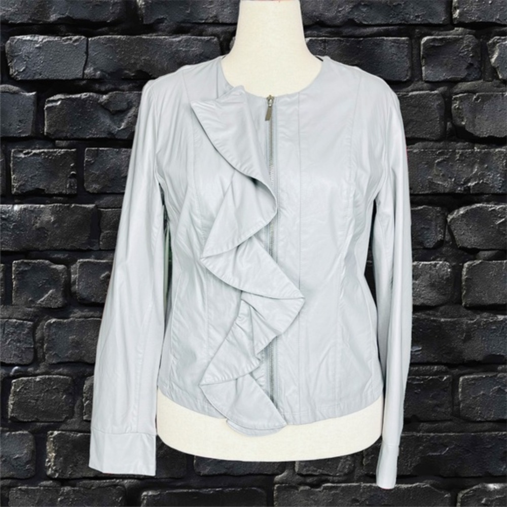 NWOT |•KUT FROM THE KLOTH•| Grey Faux Leather Ruffle Front Jacket Size XL